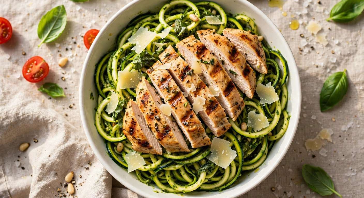 Zucchini Noodles with Pesto and Grilled Chicken (Keto)
