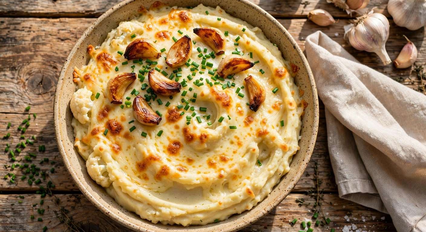 Cheesy Cauliflower Mash with Roasted Garlic (Keto Side)